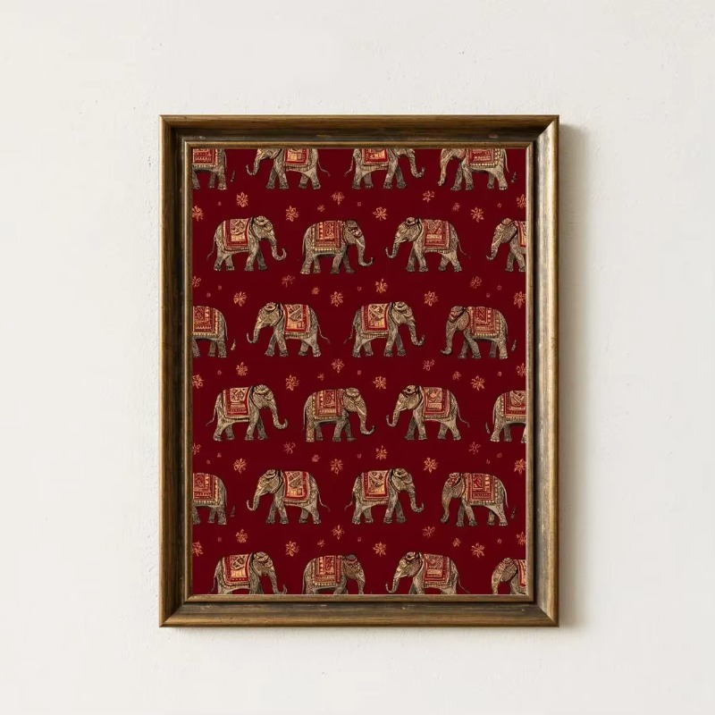 Geometric Wall Art - Indian Elephant Pattern Print, Red Textile